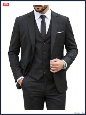 Men's 3 Piece Slim Fit Suit with Jacket, Vest, Pants, Tie - Solid Color